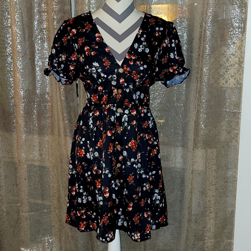 Black Floral Button-Front A-Line Dress